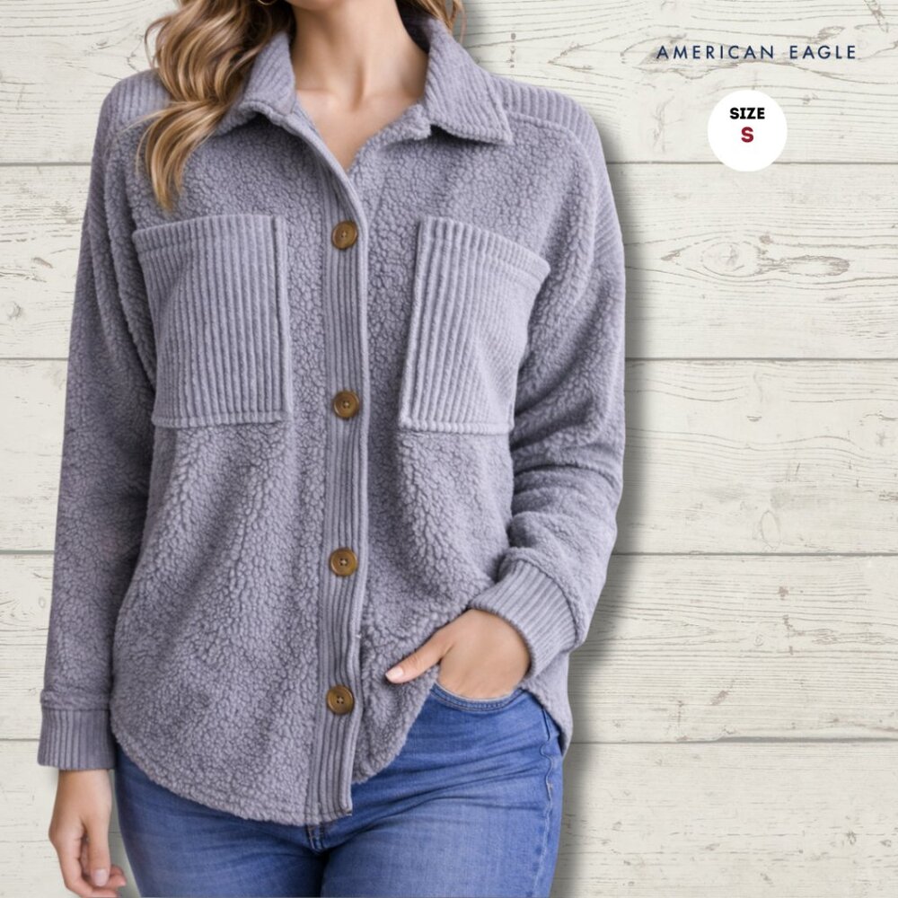 American Eagle Oversized Sherpa Shirt Jacket – Grey | Size Small